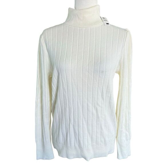 Talbots PUFF SLEEVE RIBBED TURTLENECK SWEATER Ecru Sz Large Stretch Comfy - Picture 1 of 12